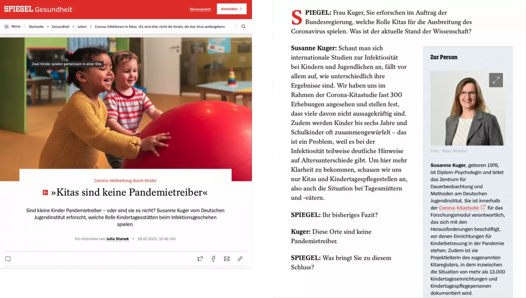 Screenshots von der Berichterstattung über die Corona Kita Studie auf Spiegel Online