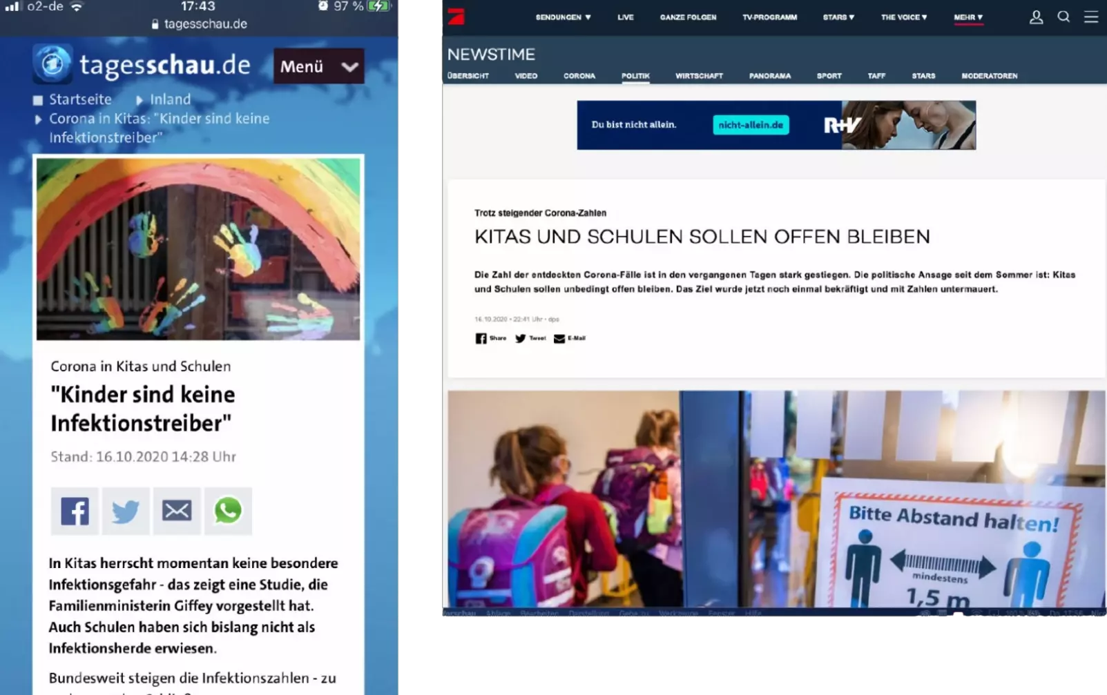 Screenshots von der Berichterstattung über die Corona Kita Studie in der Tagesschau.