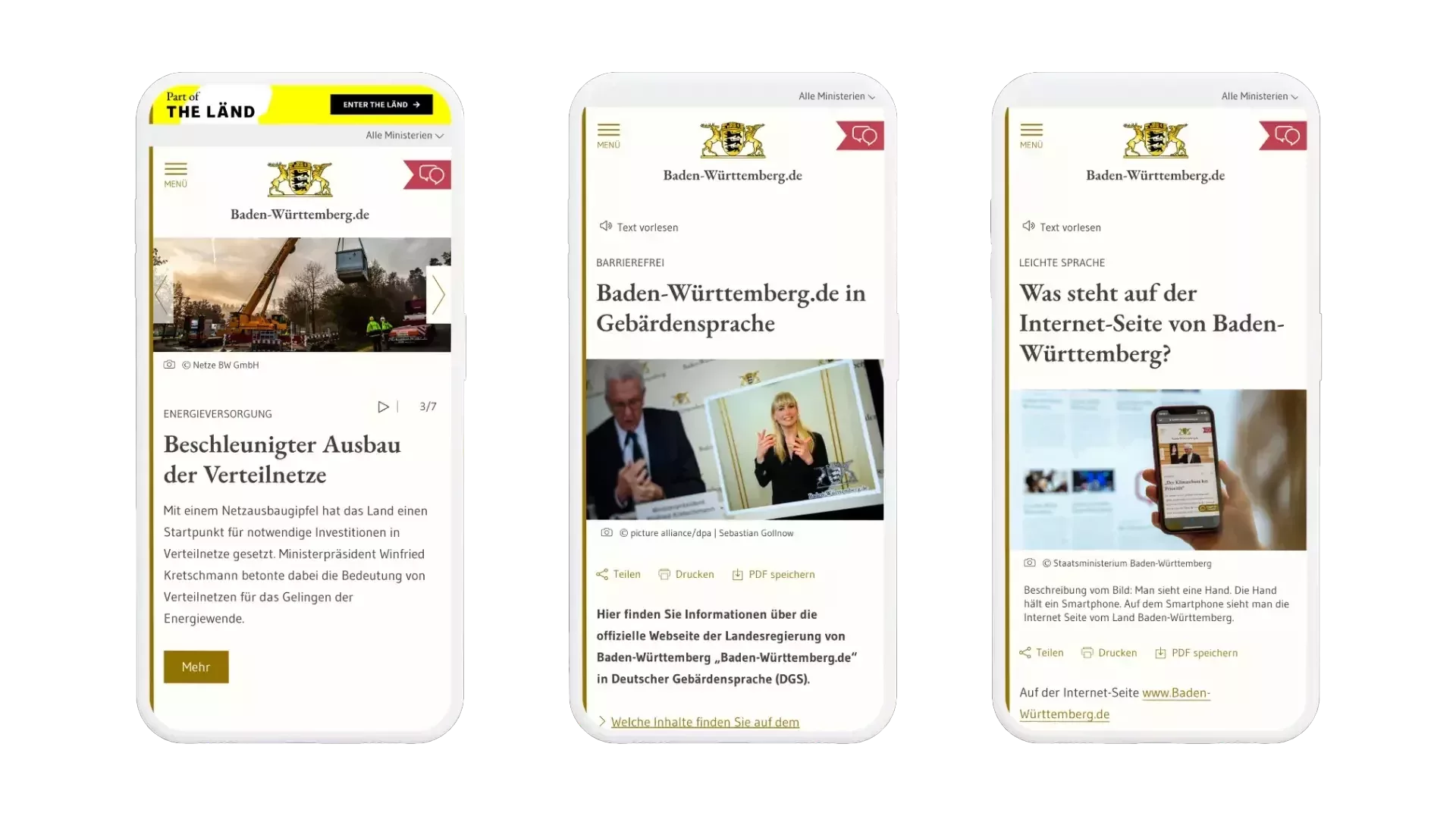 Drei Screenshots von baden-wuerttemberg.de in Smartphones eingesetzt.