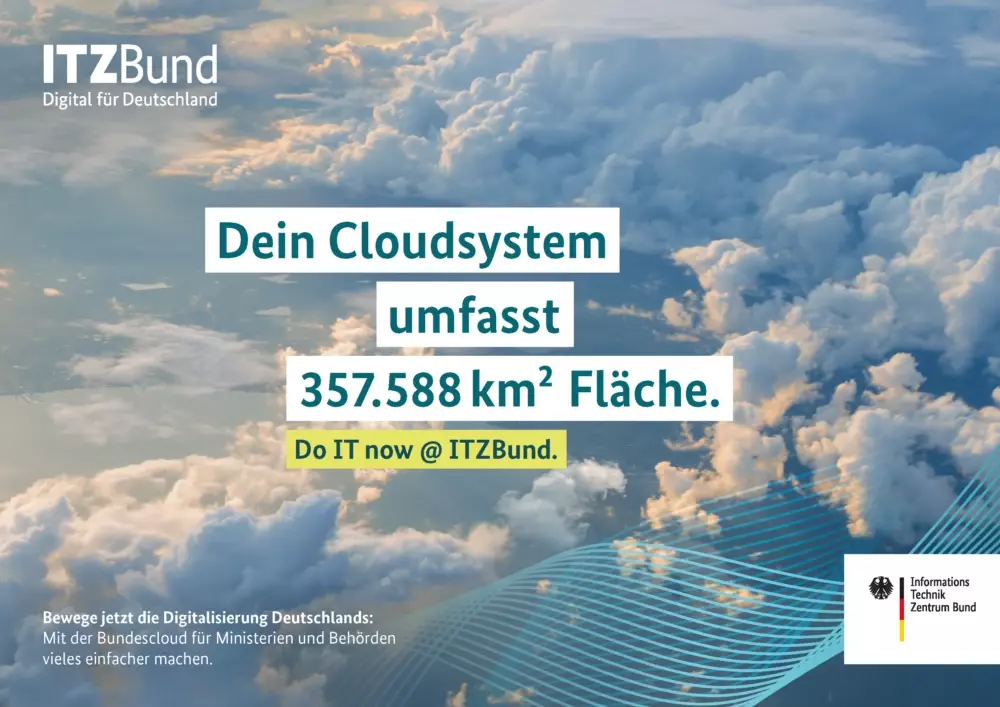 Plakatmotiv: Wolken von oben. Darauf der Text: Dein Cloudsystem umfasst 357.588 km2 Fläche.