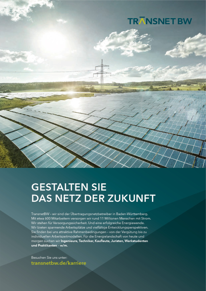 Plakatmotiv Solarzellen im Sonnenlicht, im Hintergrund ein Strommast. Darauf der Titel "Gestalten Sie das Netz der Zukunft".