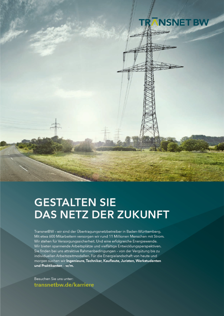 Plakatmotiv ein Strommast steht auf einem Feld "Gestalten Sie das Netz der Zukunft".