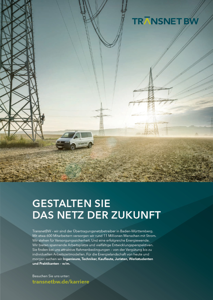 Plakatmotiv: Mehrere Strommasten stehen auf einem Feld, davor ein Lieferwagen. "Gestalten Sie das Netz der Zukunft".