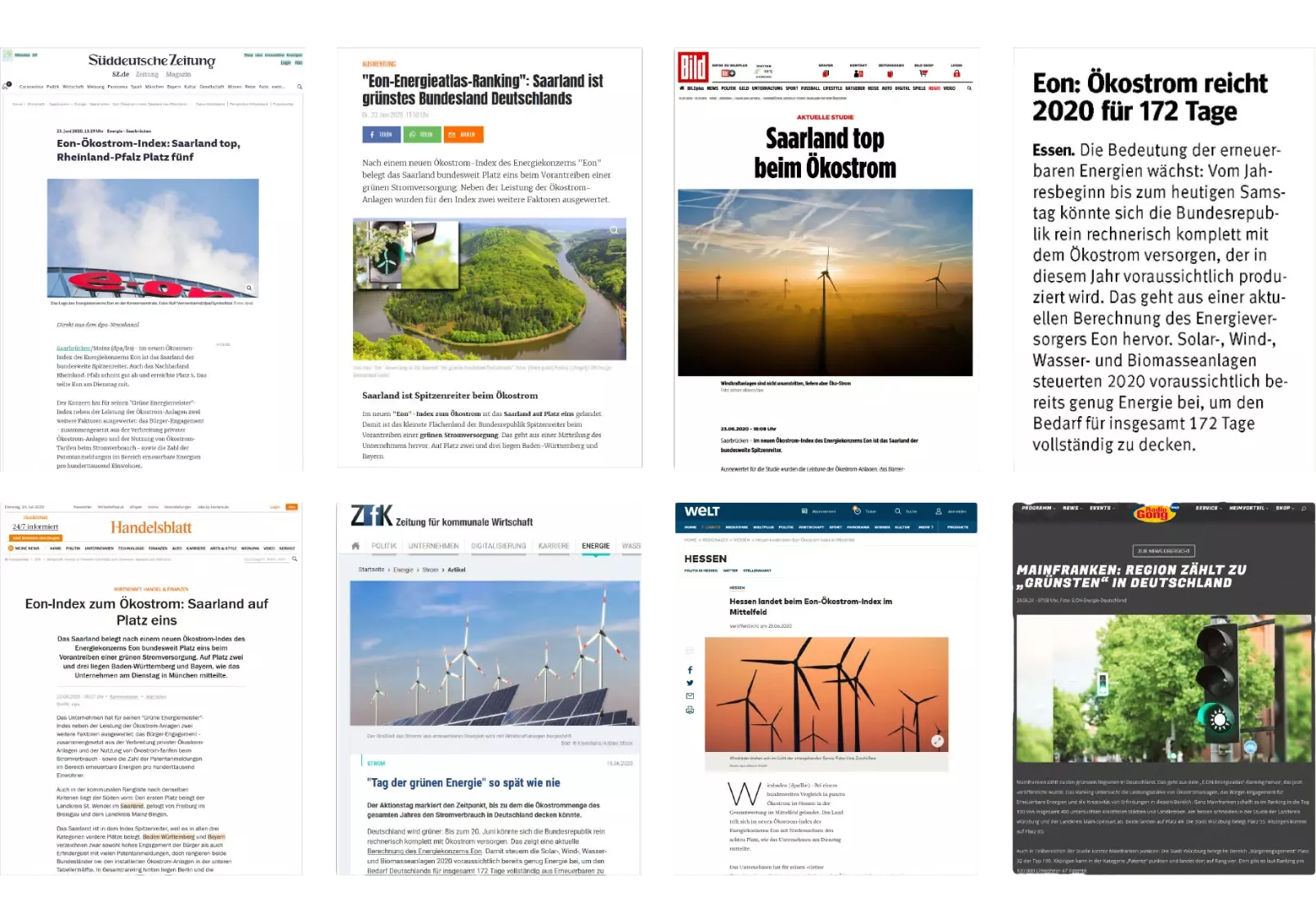 Collage von Screenshots verschiedener Medienportale zur Berichterstattung über den Energieatlas.