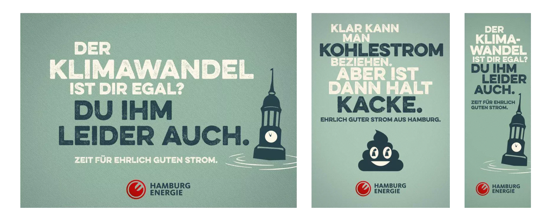 Kampagnenmotive. Illustration des des Hamburger Michel, der im Wasser versinkt. Der Klimawandel ist Dir egal? Du ihm leider auch. Für ehrlich guten Strom: Hamburg Energie.
