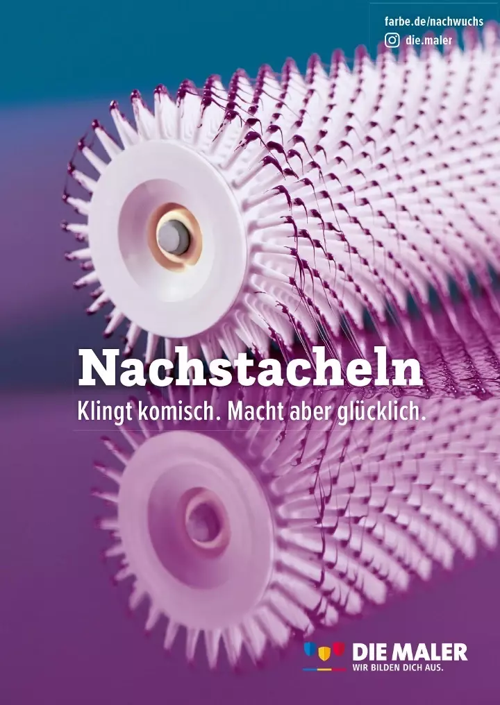 Plakatmotiv: Eine strukturierte Rolle mit violetten Spitzen. Darauf das Wort Nachstacheln - klingt komisch, macht aber glücklich.