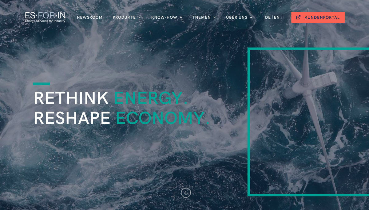Rethink Energy, Reshape Economy - Titelt dieser Screenshot der Startseite von Esforin.de
Dahinter ein Bild einer Offshore-Windanlage aus der Vogelperspektive.
